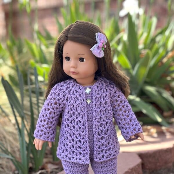 18 inch doll crocheted open front lace cardigan in lavender color.